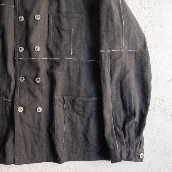 "Euro vintage remake" cotton twill double breasted work jacket -black dyed- 'inside out'