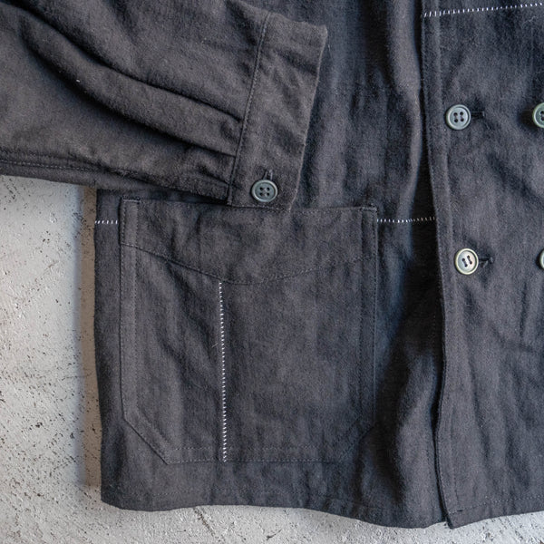 "Euro vintage remake" cotton twill double breasted work jacket -black dyed- 'inside out'