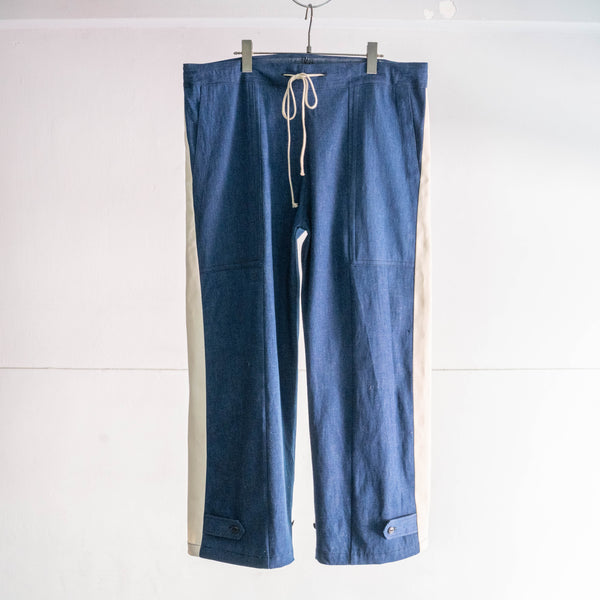 vintage remake" Italian military denim side line wide easy pants -1