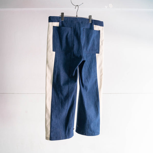 vintage remake" Italian military denim side line wide easy pants -1