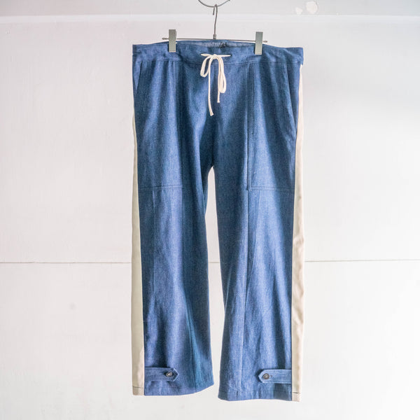 "vintage remake" Italian military denim side line wide easy pants -2