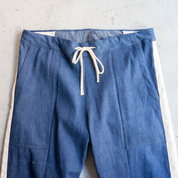 "vintage remake" Italian military denim side line wide easy pants -2