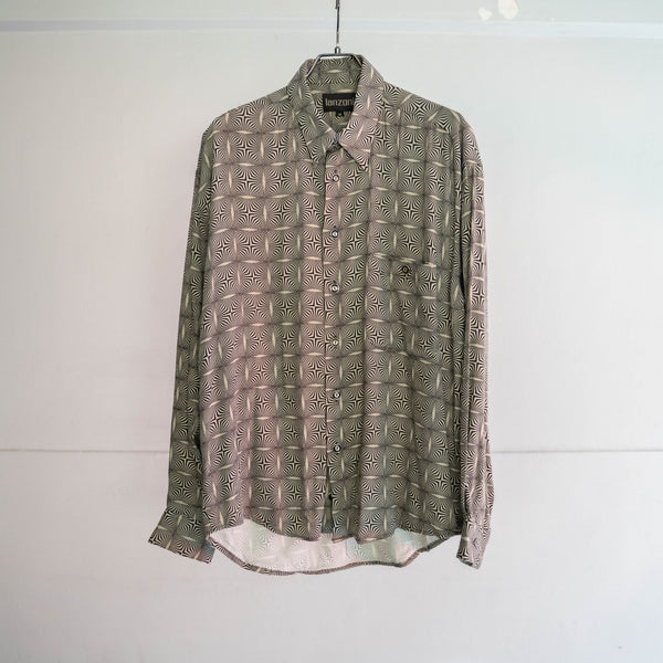 1990s white × black geometric pattern l/s shirt
