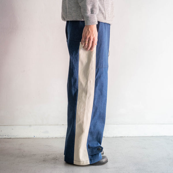 vintage remake" Italian military denim side line wide easy pants -1