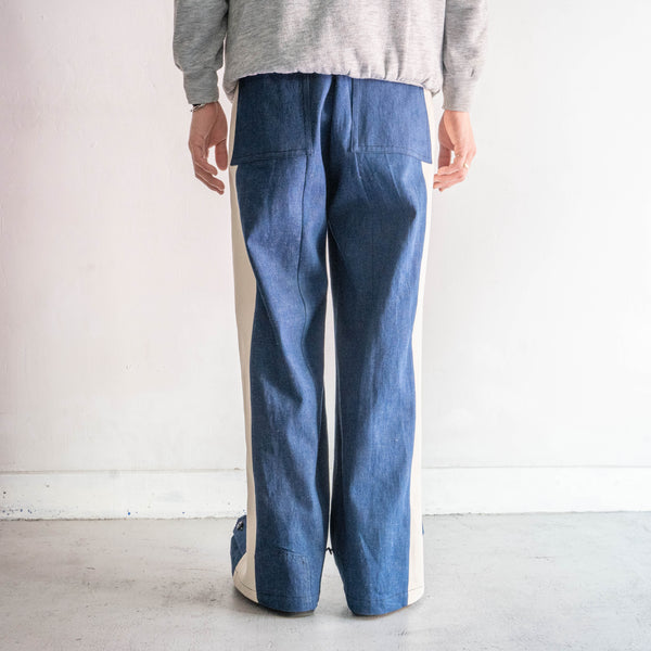 vintage remake" Italian military denim side line wide easy pants -1