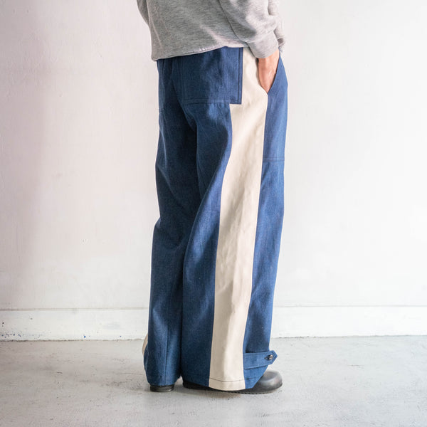 vintage remake" Italian military denim side line wide easy pants -1