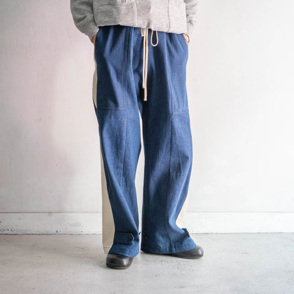 vintage remake" Italian military denim side line wide easy pants -1