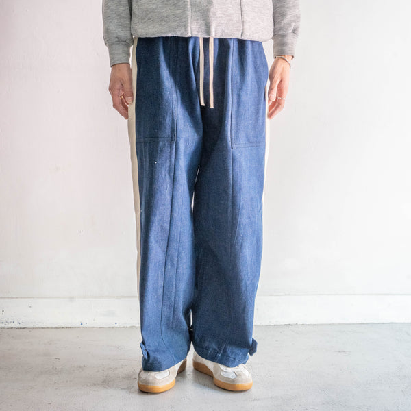 "vintage remake" Italian military denim side line wide easy pants -2