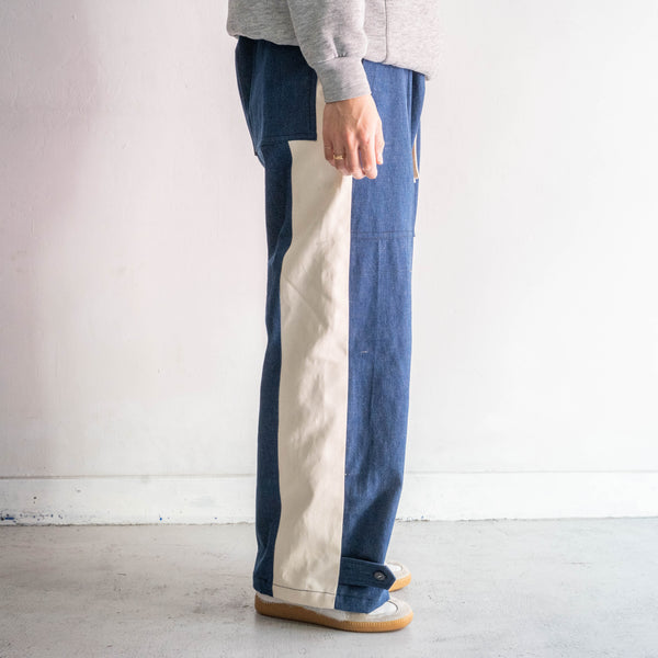 "vintage remake" Italian military denim side line wide easy pants -2