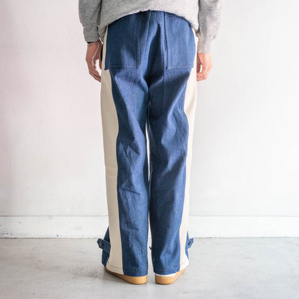 "vintage remake" Italian military denim side line wide easy pants -2