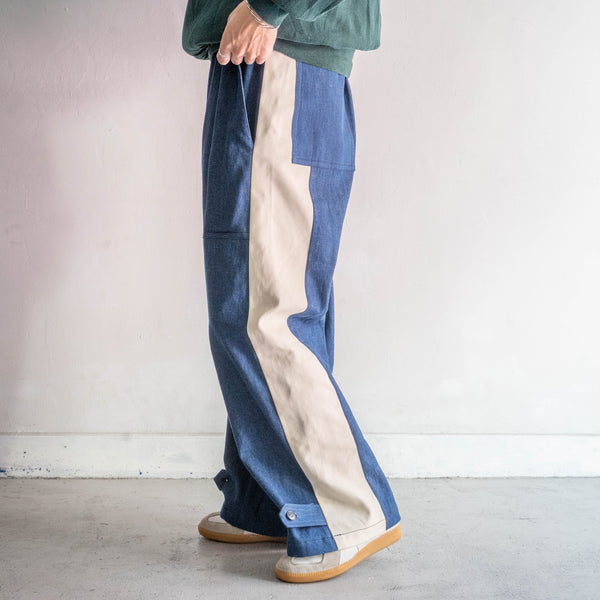 "vintage remake" Italian military denim side line wide easy pants -2