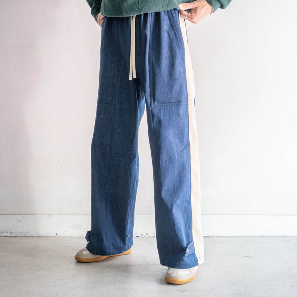 "vintage remake" Italian military denim side line wide easy pants -2