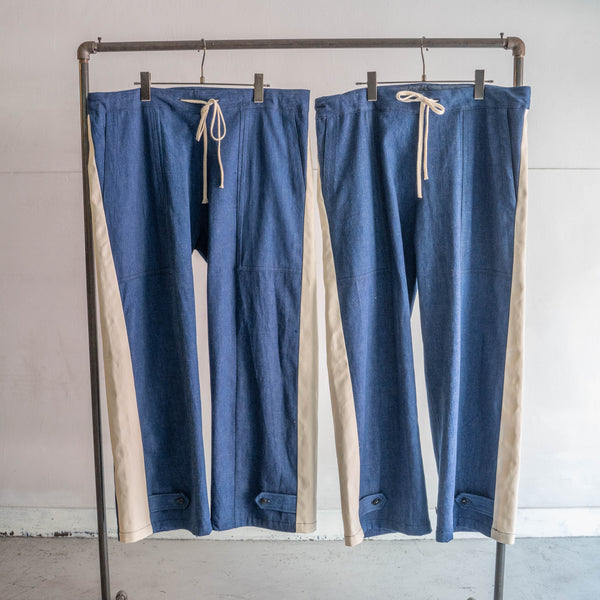 vintage remake" Italian military denim side line wide easy pants -1