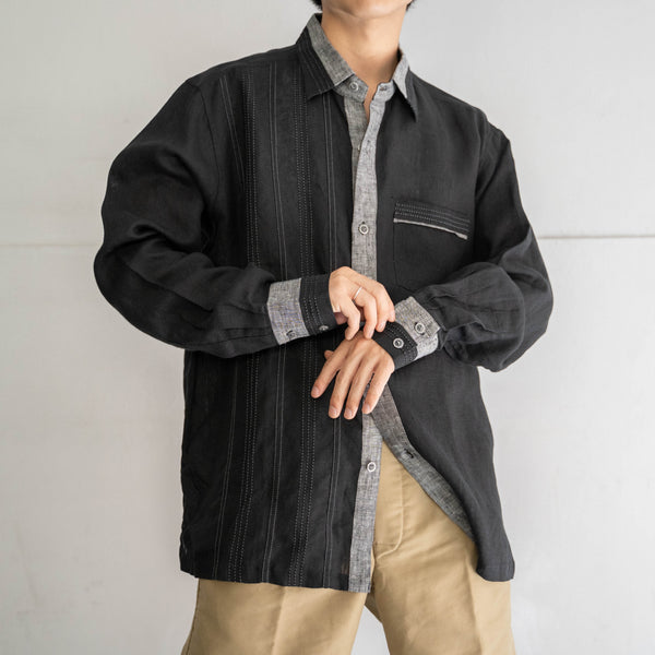 1990s black linen 100 design l/s shirt 'dead stock'