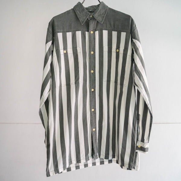 2000s green gray × white stripe cotton shirt ’western back'