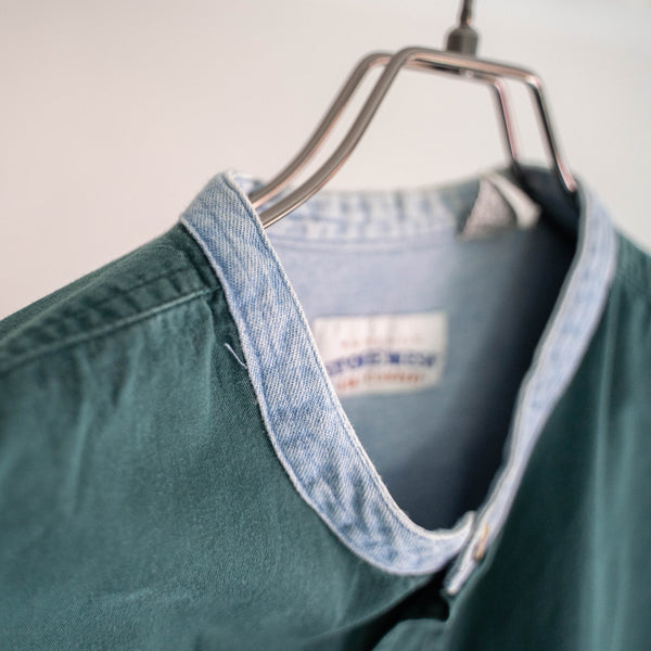 2000s green color band collar  shirt 'denim switching'