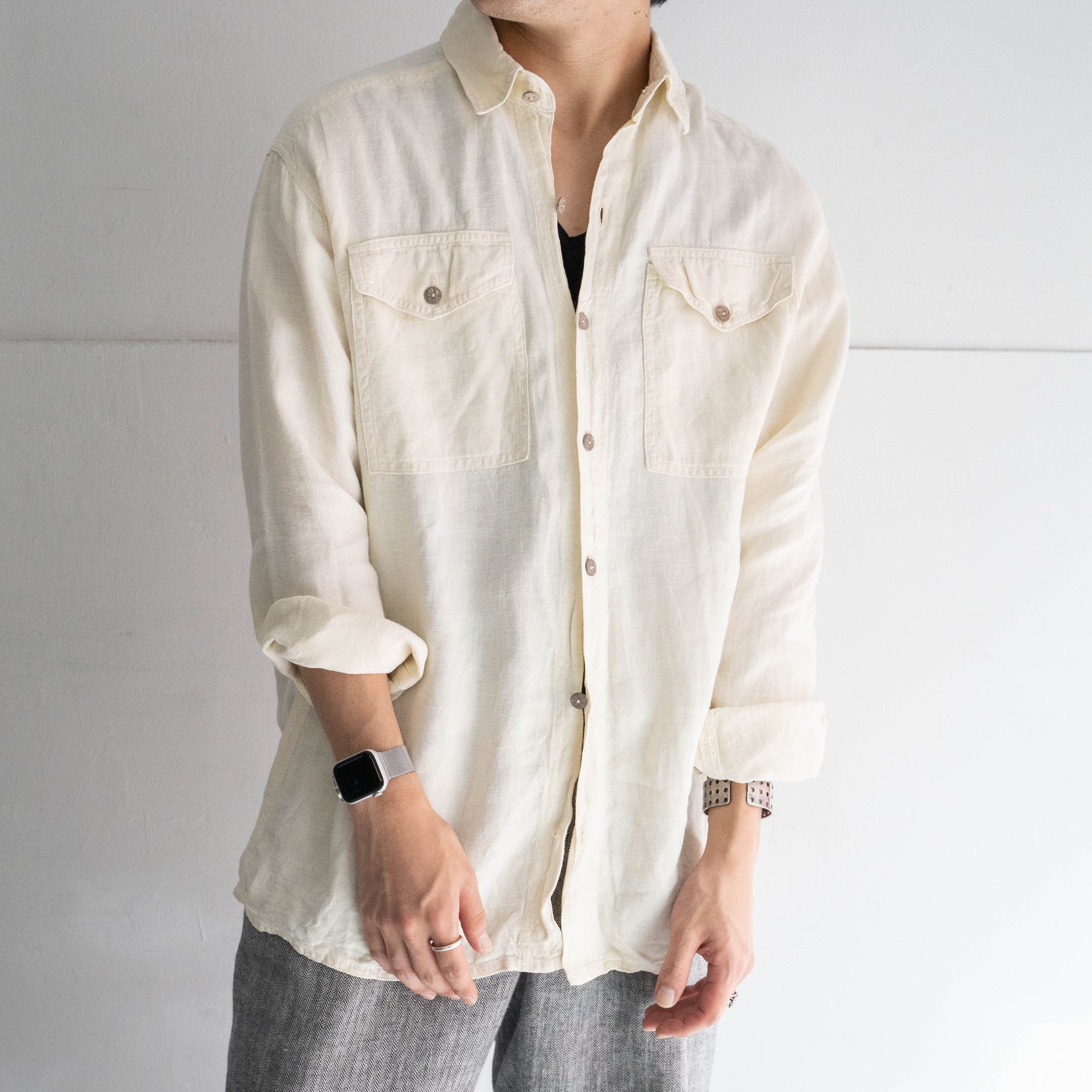 2000s écru color all linen shirt 'with 2pocket’