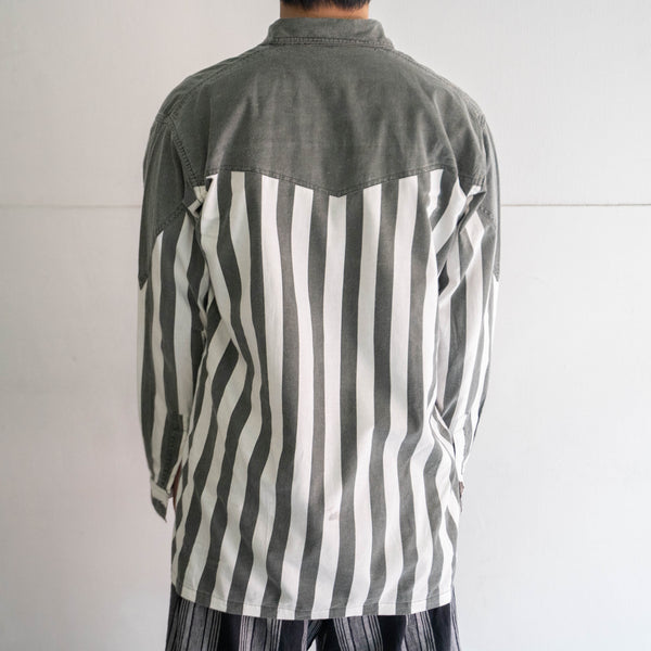 2000s green gray × white stripe cotton shirt ’western back'