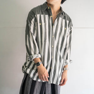 2000s green gray × white stripe cotton shirt ’western back'