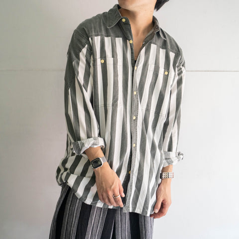 2000s green gray × white stripe cotton shirt ’western back'