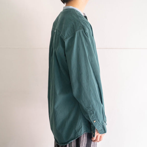 2000s green color band collar  shirt 'denim switching'