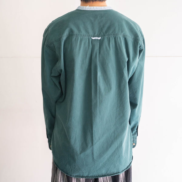 2000s green color band collar  shirt 'denim switching'