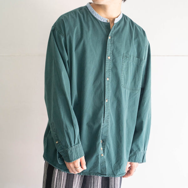 2000s green color band collar  shirt 'denim switching'