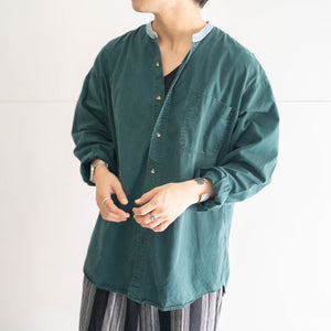 2000s green color band collar  shirt 'denim switching'