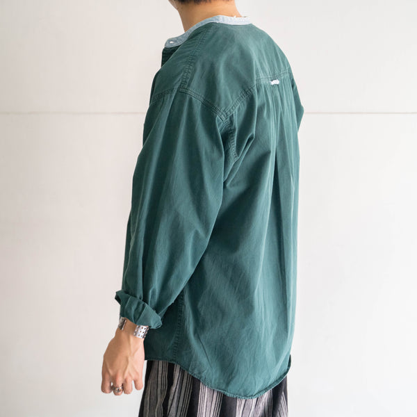 2000s green color band collar  shirt 'denim switching'