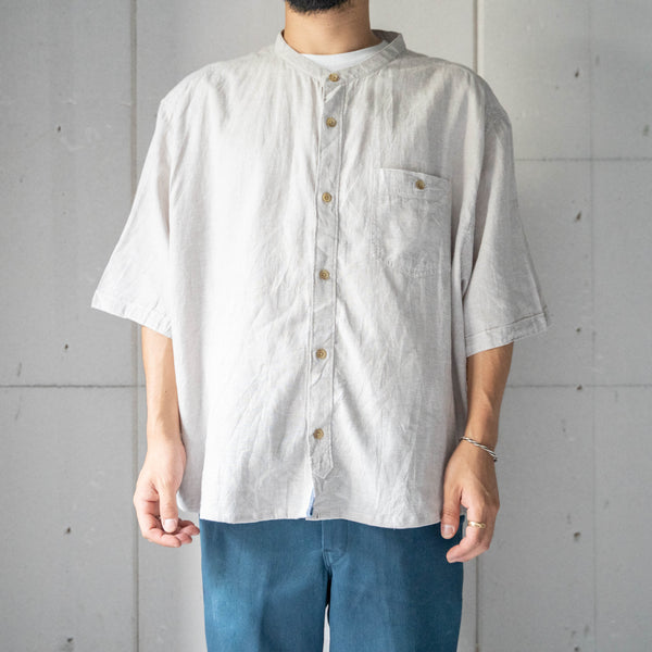 1990s greige color cotton × linen no collar short sleeve shirt