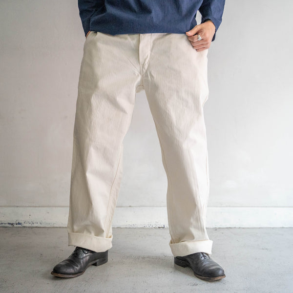 1970s Germany white herringbone work pants -with cinch back- "dead stock"