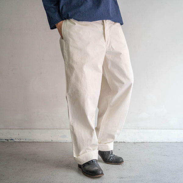 1970s Germany white herringbone work pants -with cinch back- "dead stock"
