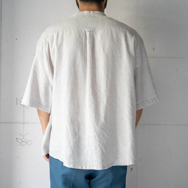 1990s greige color cotton × linen no collar short sleeve shirt