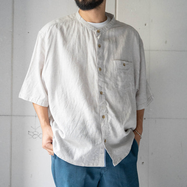 1990s greige color cotton × linen no collar short sleeve shirt