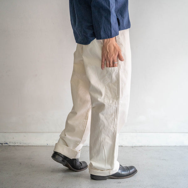 1970s Germany white herringbone work pants -with cinch back- "dead stock"