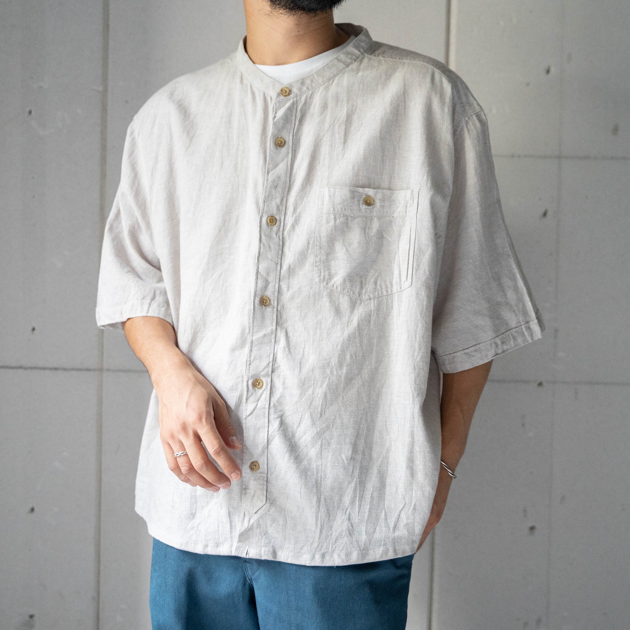 1990s greige color cotton × linen no collar short sleeve shirt