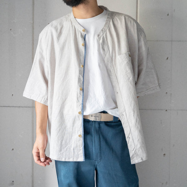 1990s greige color cotton × linen no collar short sleeve shirt