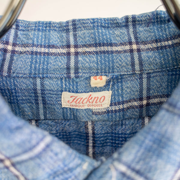 1970s France multi blue checked grandpa shirt
