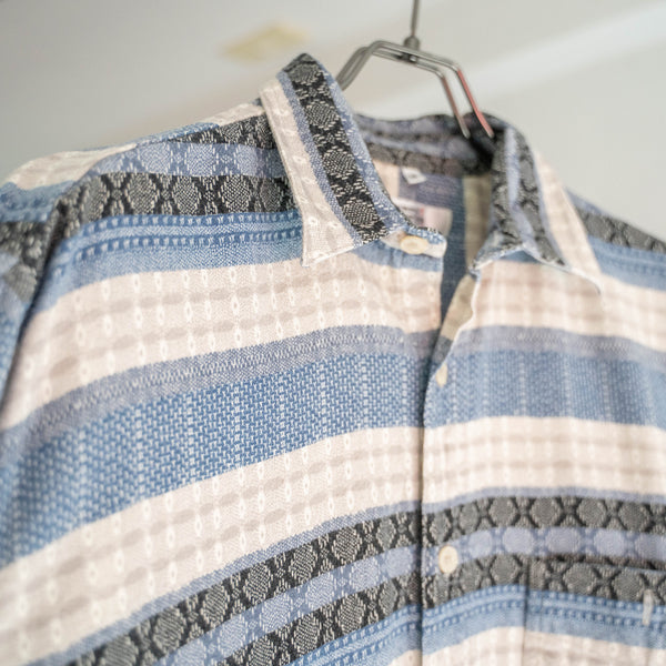 1990s Europe blue based all over pattern l/s shirt