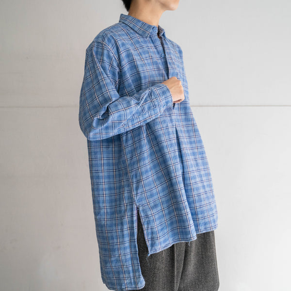 1970s France multi blue checked grandpa shirt