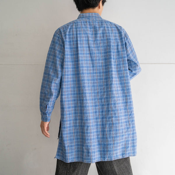 1970s France multi blue checked grandpa shirt