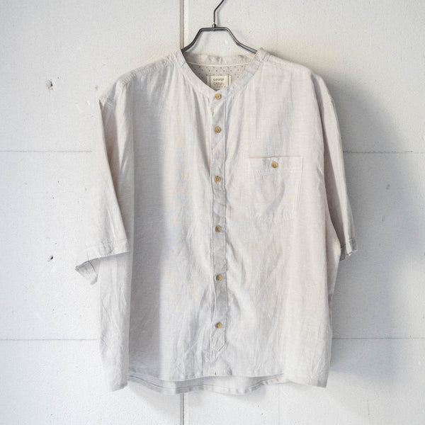 1990s greige color cotton × linen no collar short sleeve shirt