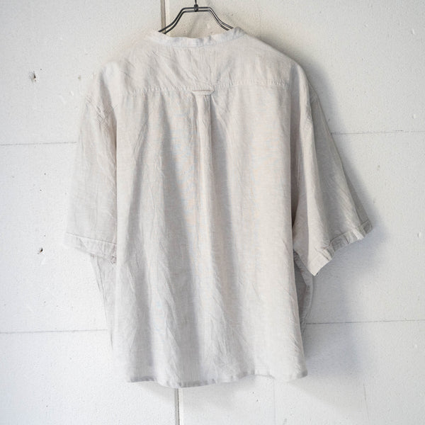 1990s greige color cotton × linen no collar short sleeve shirt