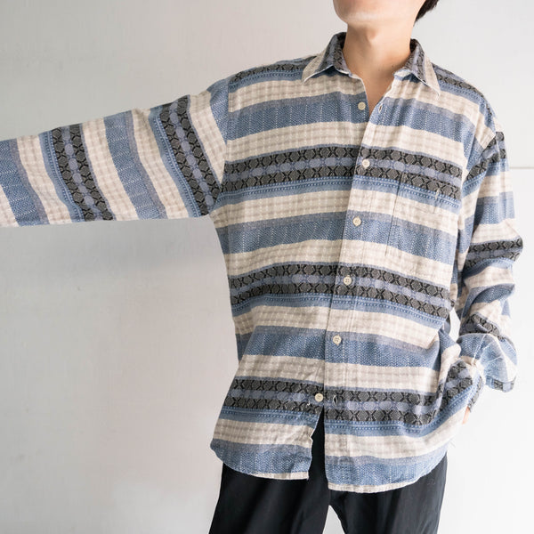1990s Europe blue based all over pattern l/s shirt