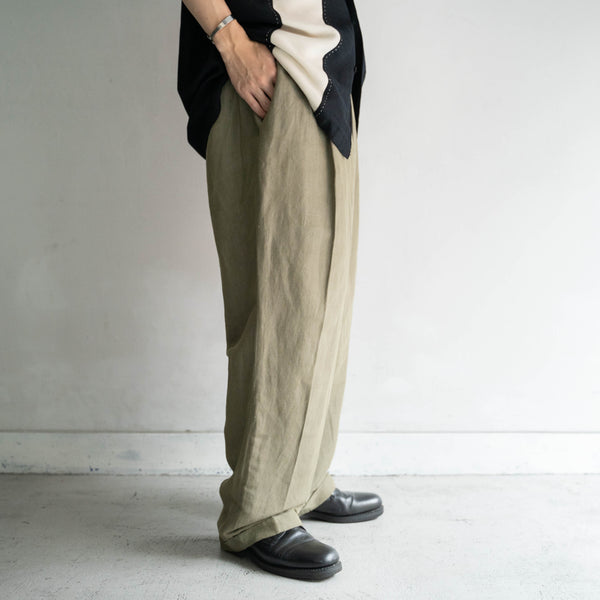 2000s green linen × viscose 2 tuck wide slacks