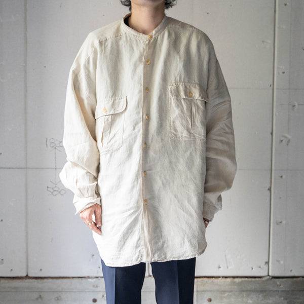 1990s ecru color all linen no collar shirt