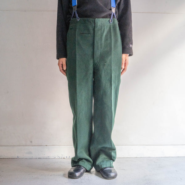 1940-50s Europe mos green color wool work pants -with buckle back- 'mint condition'