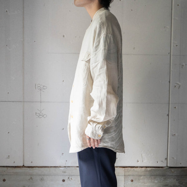 1990s ecru color all linen no collar shirt