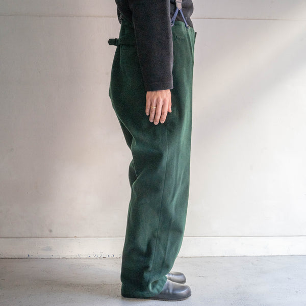 1940-50s Europe mos green color wool work pants -with buckle back- 'mint condition'