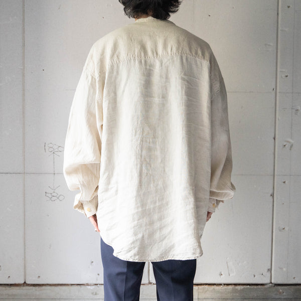 1990s ecru color all linen no collar shirt